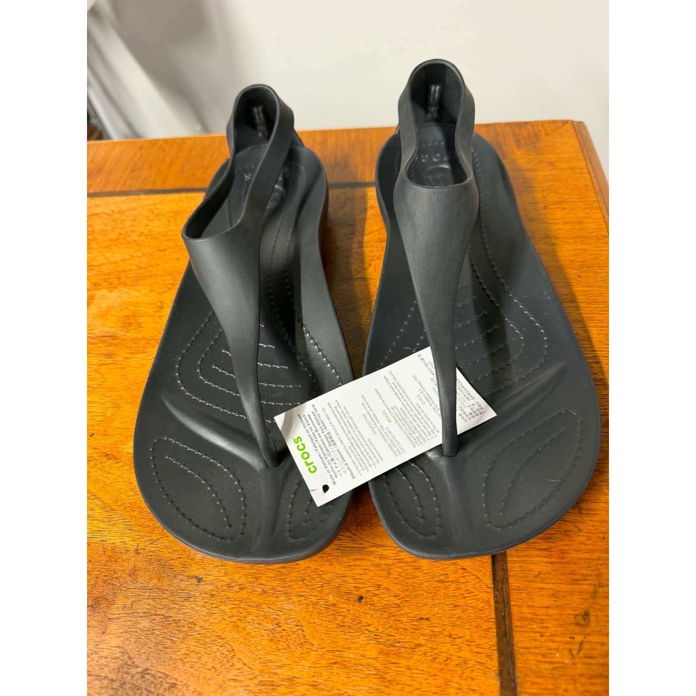 New Crocs Womens 10 Black Sandals Sexy Flip Flop Slingback Flat Thong